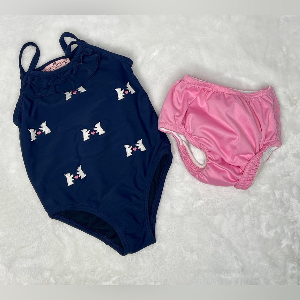 Swim Juicy Couture Navy 18-24 mo. Girl's One-Piece with embroidered dogs & heart